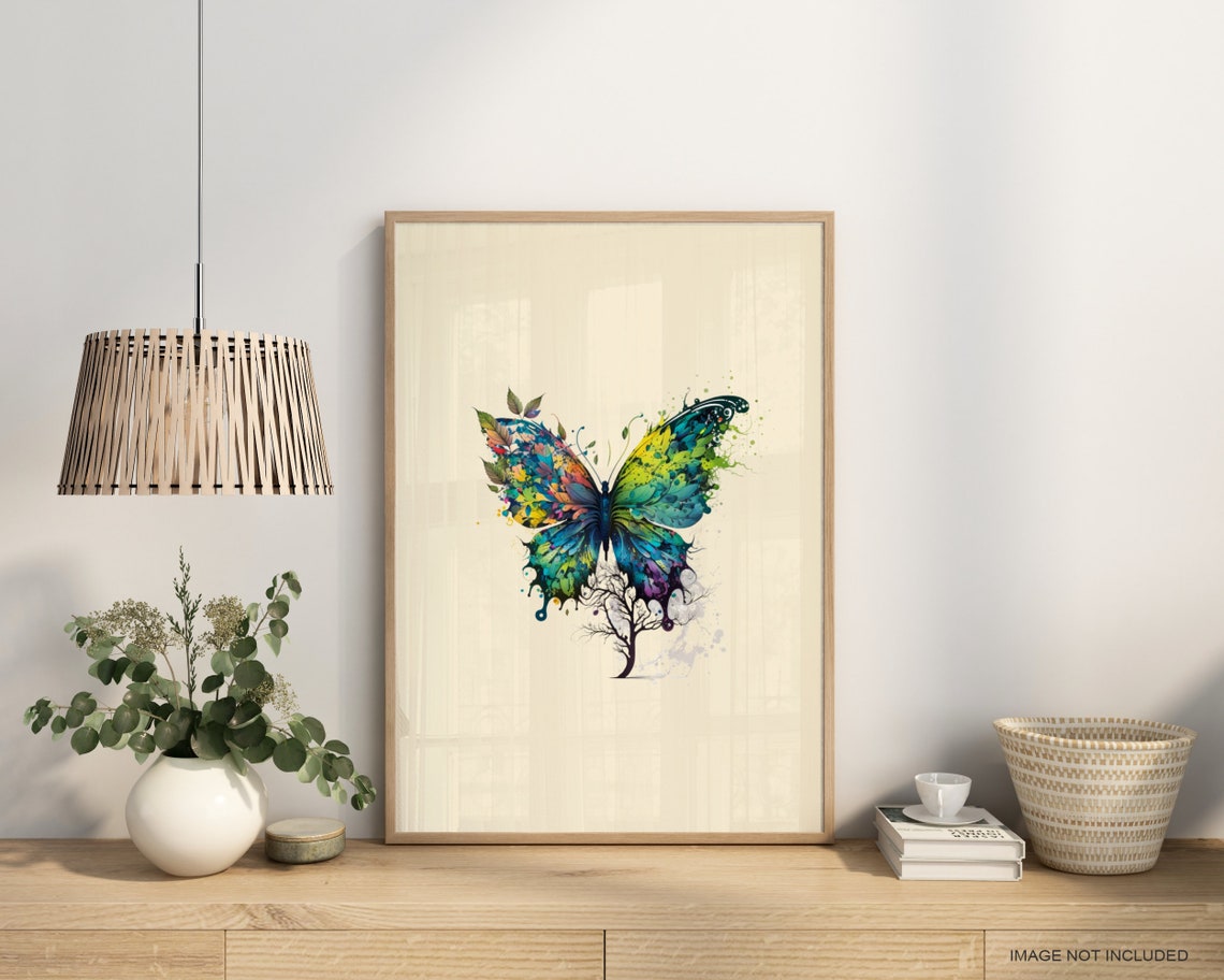 Colorful Watercolor Butterfly Blue Green Nature Floral Art Poster - Image 3