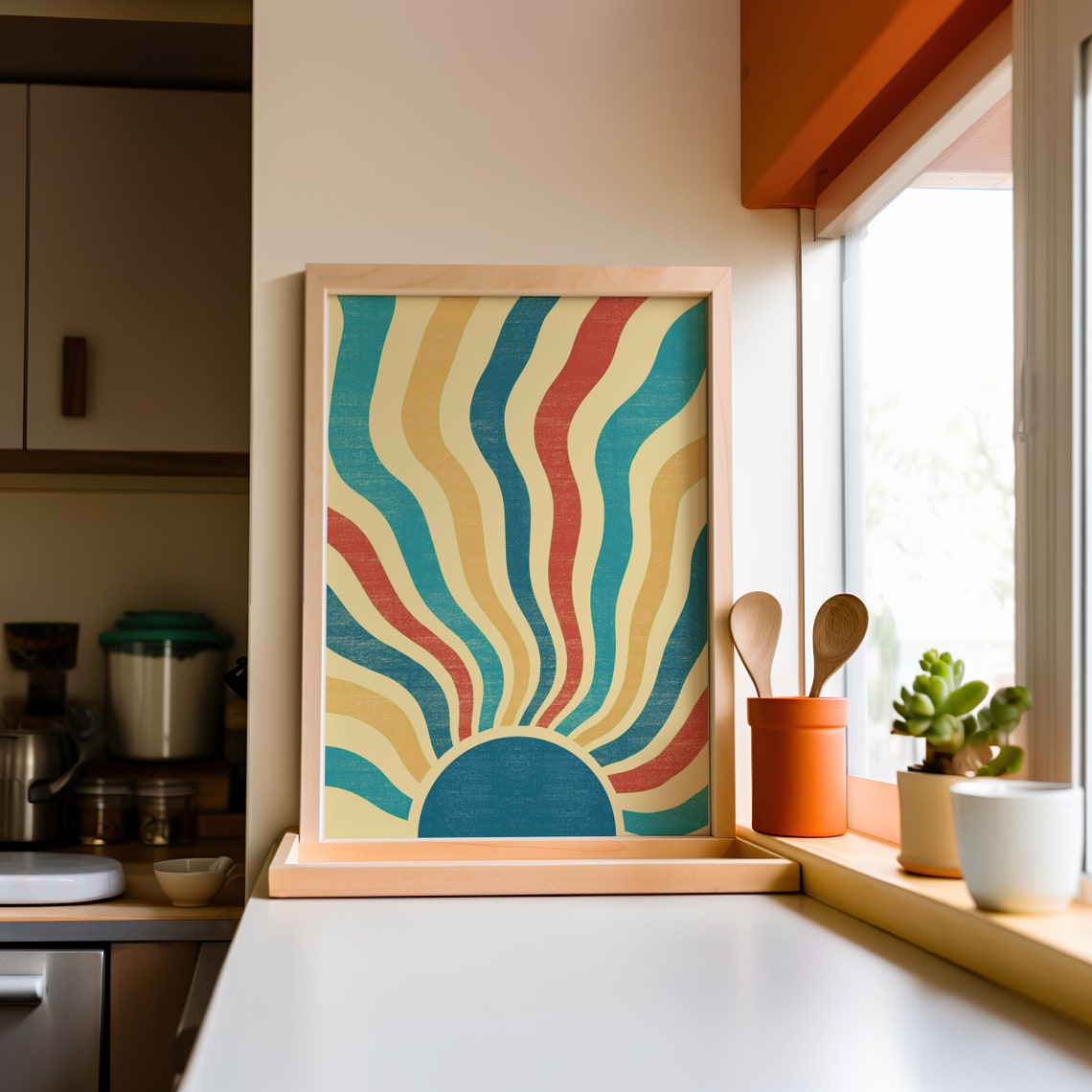 Retro Rising Sun Wavy Sunburst Teal Red Vintage 70s Art Poster - Image 2