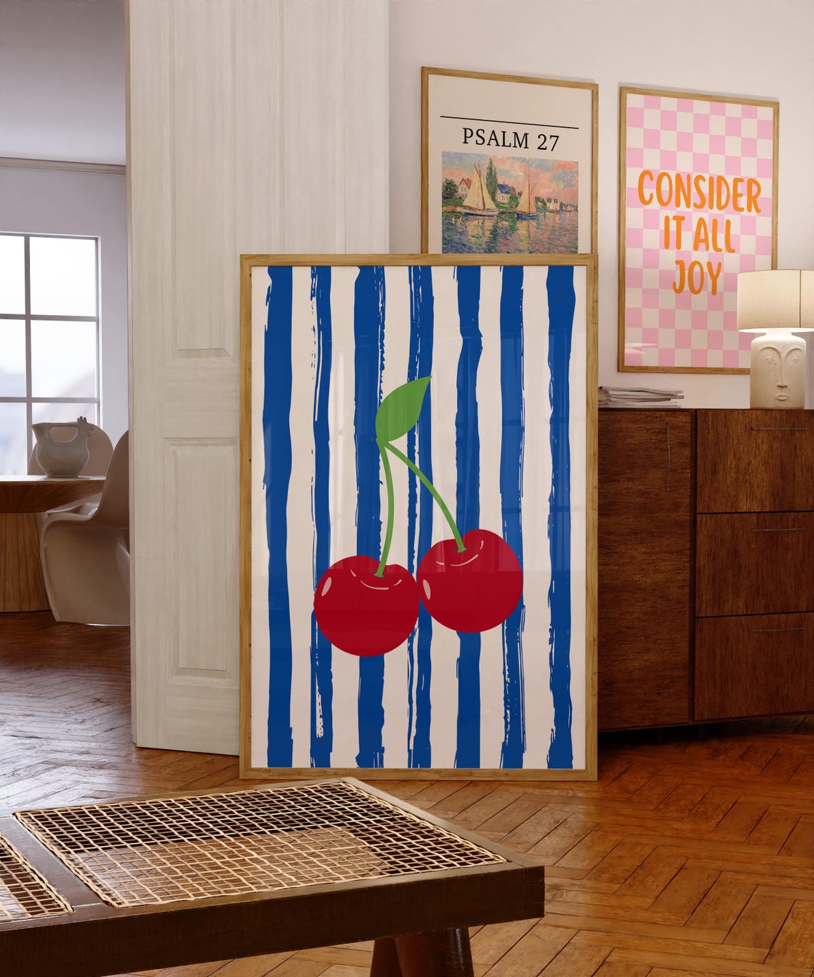 Red Cherries Blue Striped Preppy Kitchen Fruit Pop Art Print - Image 4
