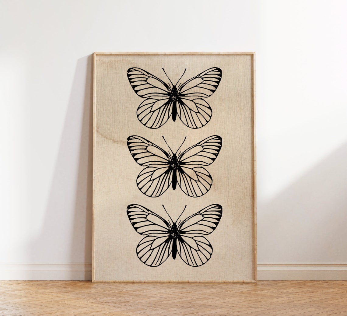 Three Black Butterflies Minimalist Line Art Beige Wall Poster