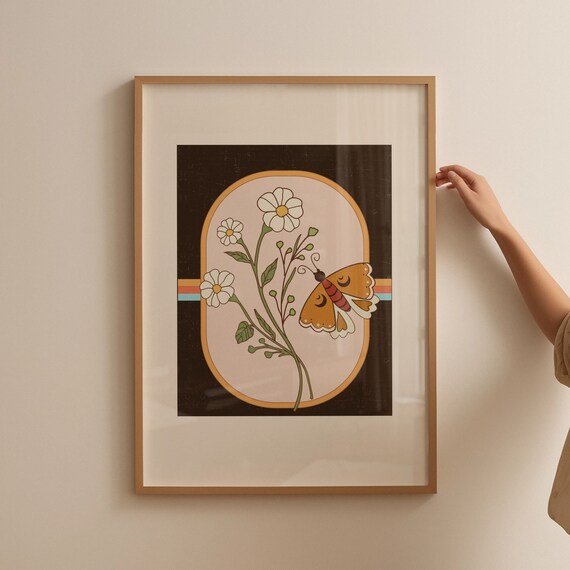Retro Floral Butterfly Art Print, Hippie Decor