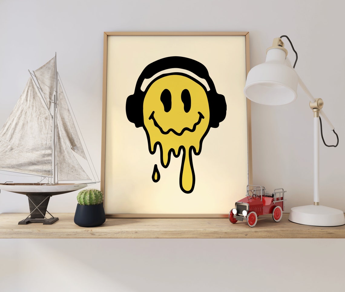 Melting Smiley Face Headphones Yellow Retro Groovy Art Print - Image 3