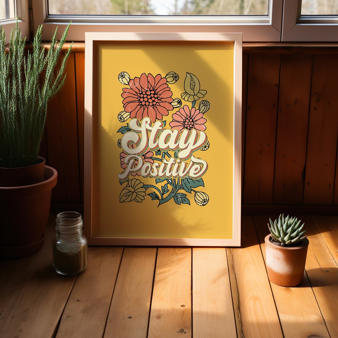 Stay Positive Retro Flower Wall Art Print - Image 4