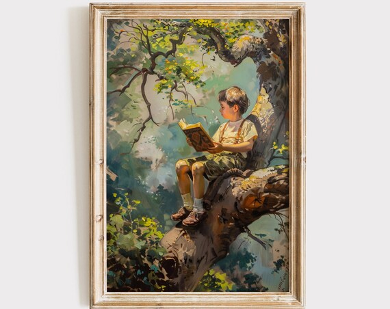 Vintage Boys Room Art Boy Reading In A Tree Painting Wall Decor Print Boys Nursery Artwork