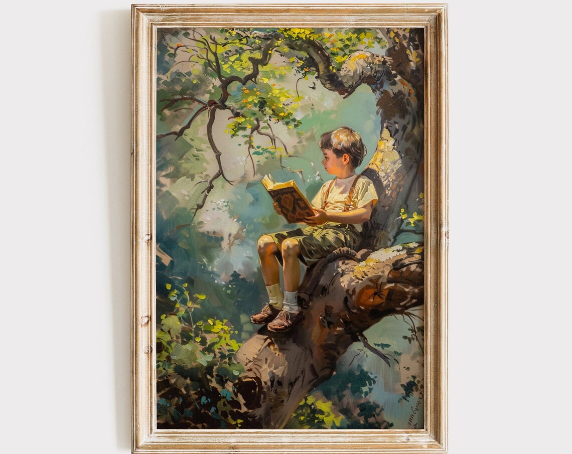 Boy Reading a Book Up in a Tree Vintage Oil Painting Nursery Poster