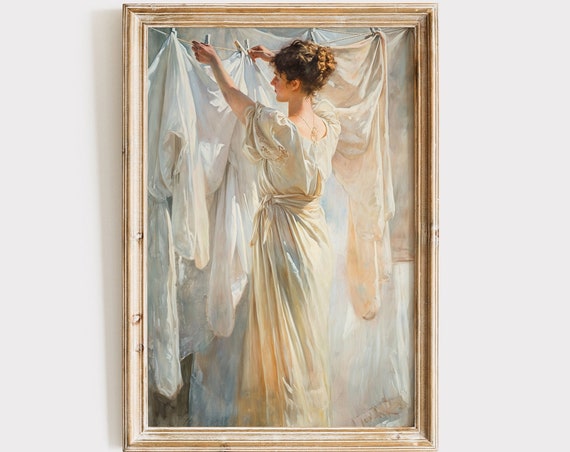 Clothesline Painting Vintage Laundry Room Art Print Wall Art Print Rustic Antique Farmhouse Decor