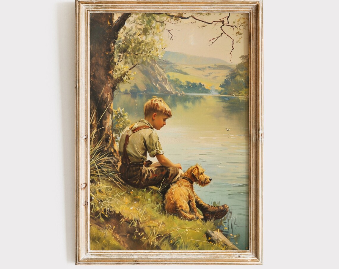Boy And Dog By Pond Vintage Farmhouse Art Print