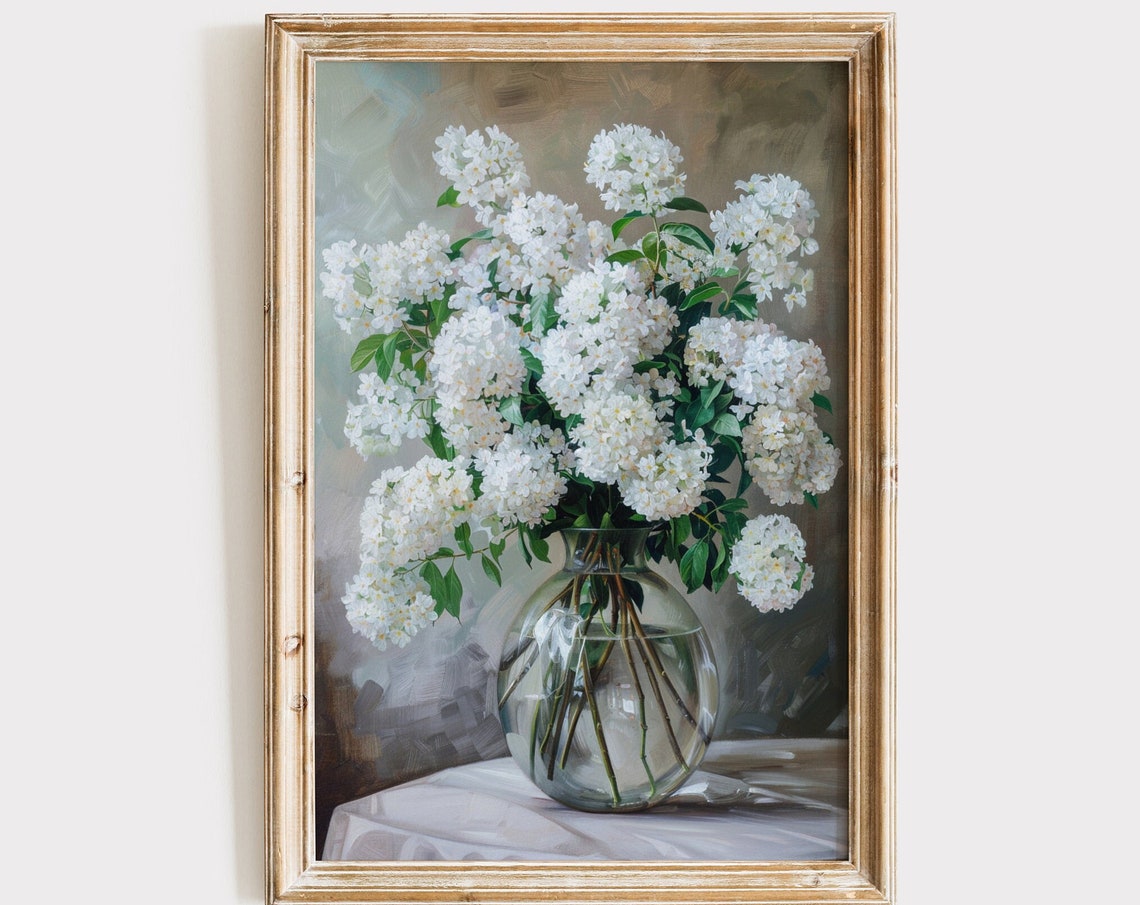 White Hydrangea Blooms Glass Vase Elegant Floral Still Life Art Poster