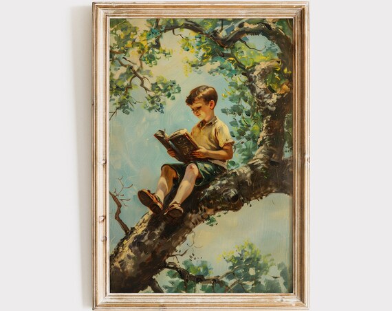 Vintage Boys Room Art Boy Reading In A Tree Painting Wall Decor Print Boys Nursery Artwork