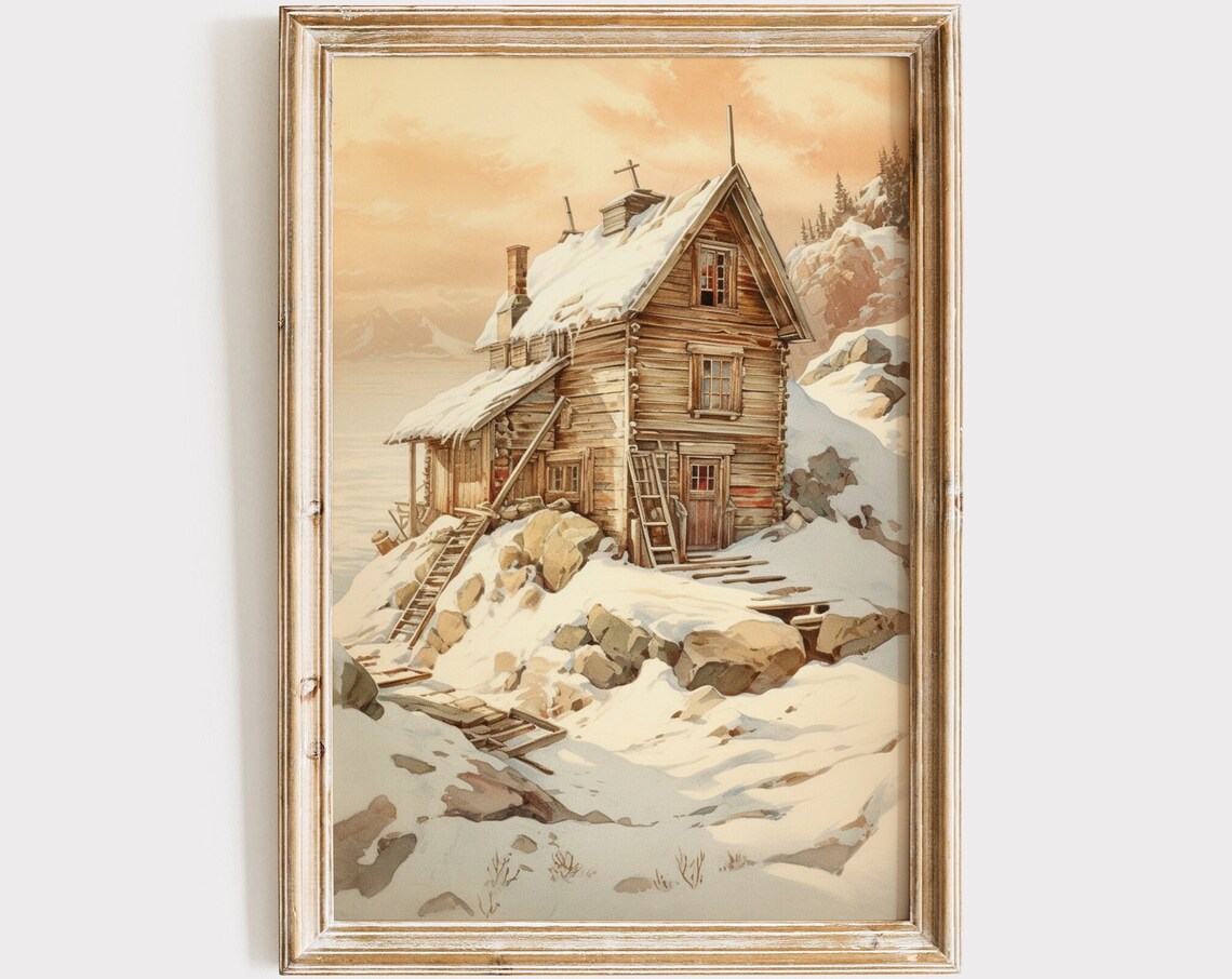 Snowy Wooden Cabin Sunset Winter Watercolor Farmhouse Poster