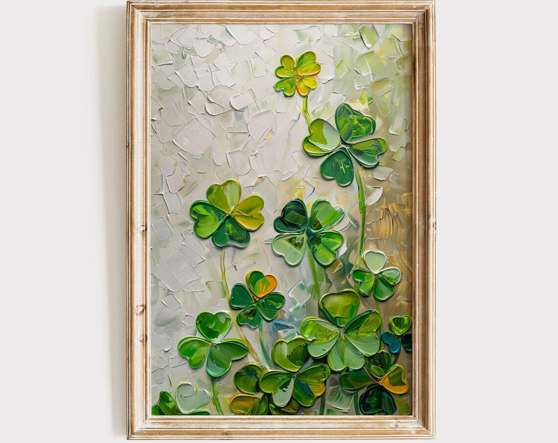 Vintage St Patricks Day Clover Oil Painting Art Print