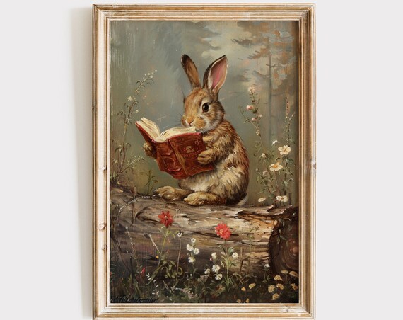 Vintage Easter Rabbit Reading Book, Spring Decor