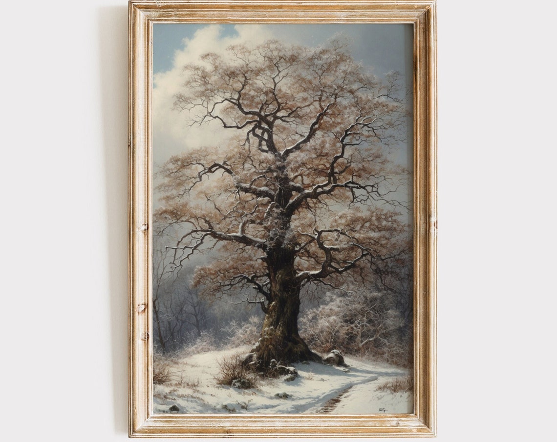 Majestic Snow Covered Oak Tree Winter Landscape Painting Poster