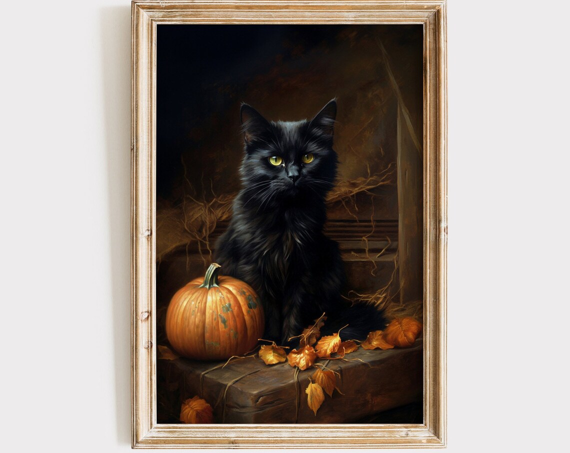 Black Cat Pumpkin Halloween Art Print, Dark Academia