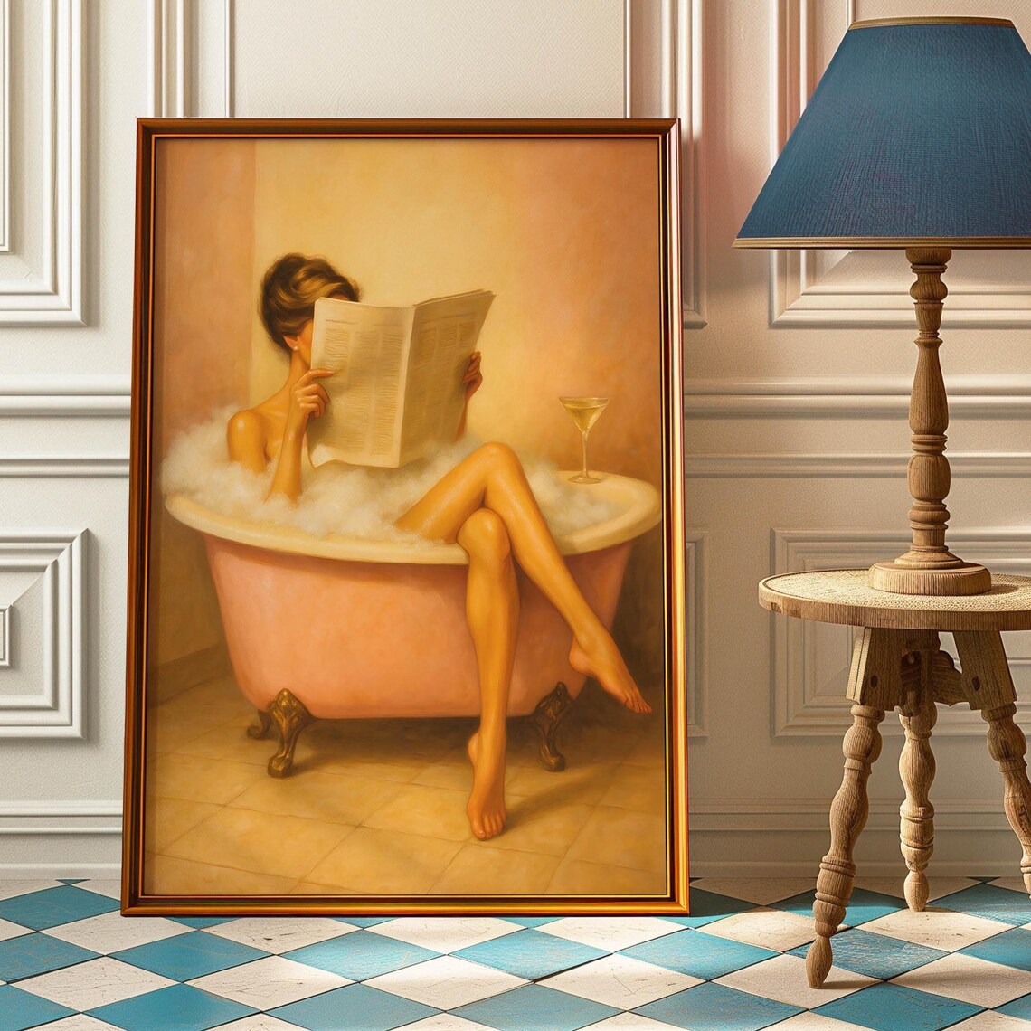 Woman In Bath With Newspaper And Cocktail, Vintage Poster