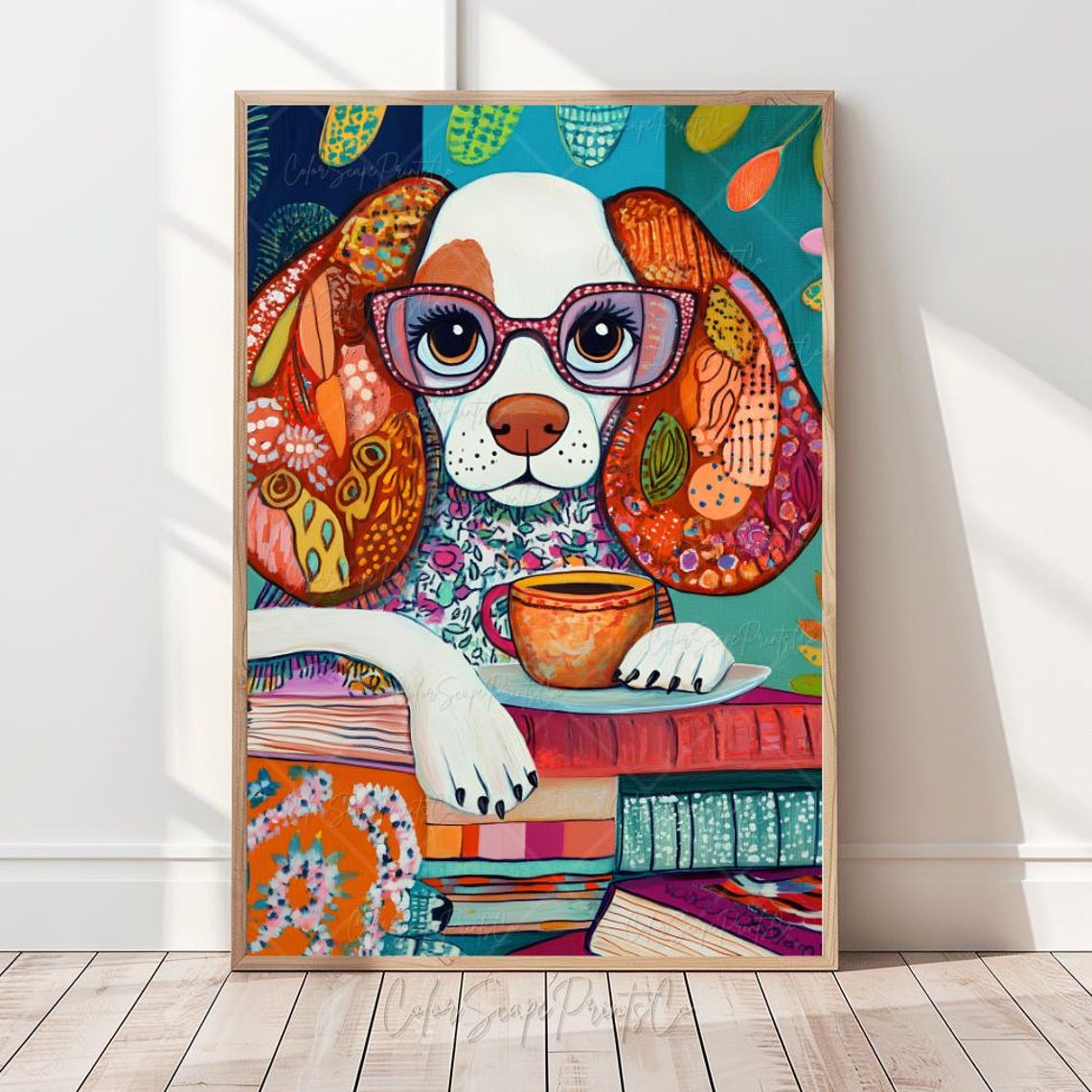 Cute Puppy With Glasses Coffee and Books Whimsical Dog Poster