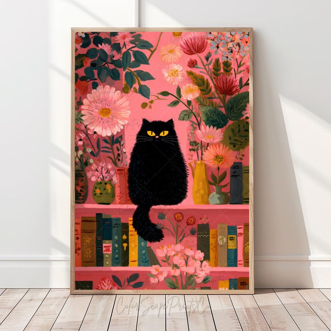 Black Cat On Pink Bookshelf With Flowers Botanical Library Poster