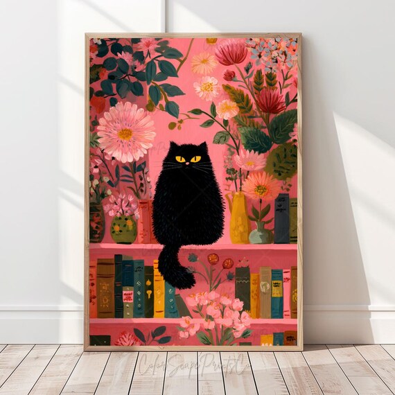 Black Cat On Pink Bookshelf With Flowers Botanical Library Poster
