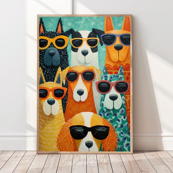 Funny Dog Wall Art Print Colorful Artwork Whimsical Illustration Dogs Wearing Sunglasses Pet Lover Gift Nursery Animal