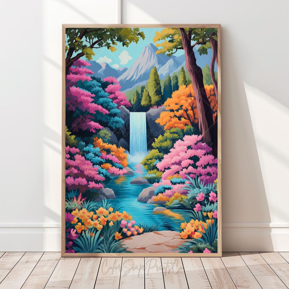 Whimsical Waterfall Forest Landscape Art Print