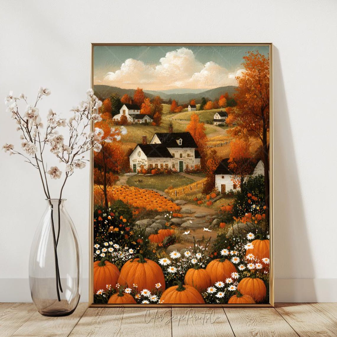 Rustic Autumn Pumpkin Patch Landscape Print Fall Houses Vintage Moody Wildflowers Whimsical Farmhouse