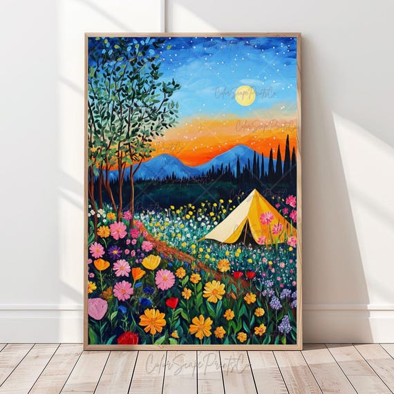 Camping Scene Wall Art Moonlit Landscape Print Dreamy Starry Night Vibrant Sky Natureinspired Decor