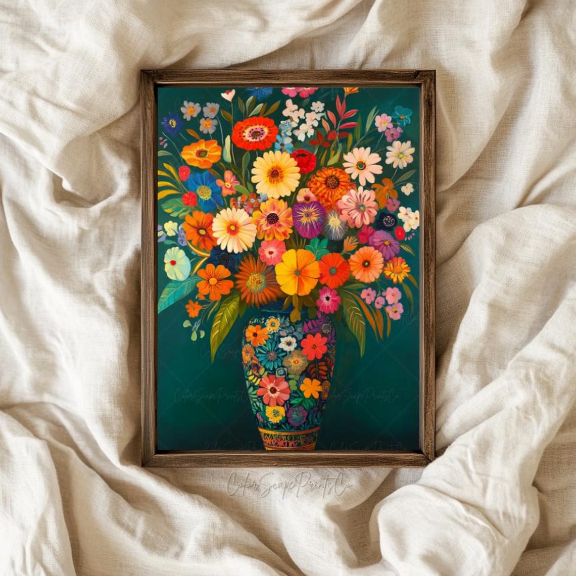 Maximalist Bright Flower Vase Bouquet Dark Green Botanical Art Poster