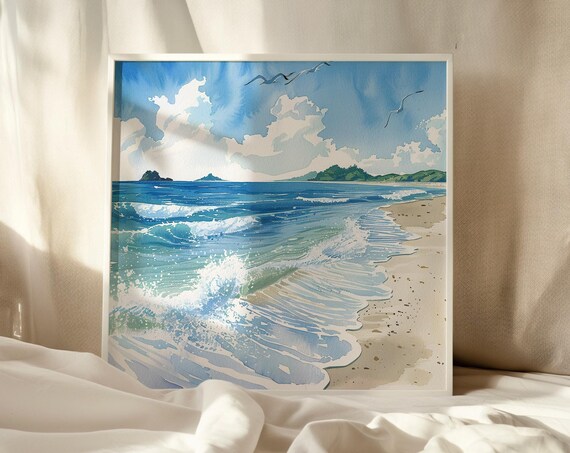Bright Blue Ocean Waves Sandy Beach Watercolor Summer Poster
