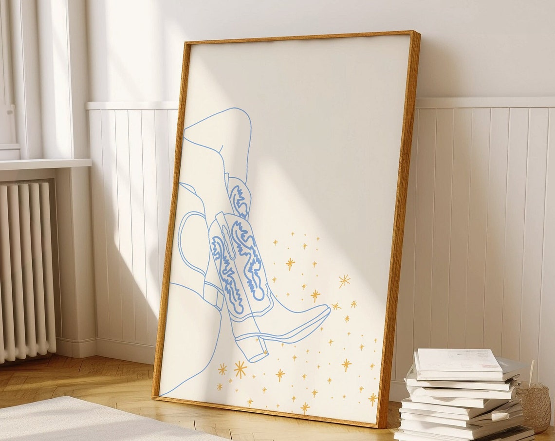 Blue Line Art Cowboy Boots Gold Sparkle Coastal Western Poster - Image 2