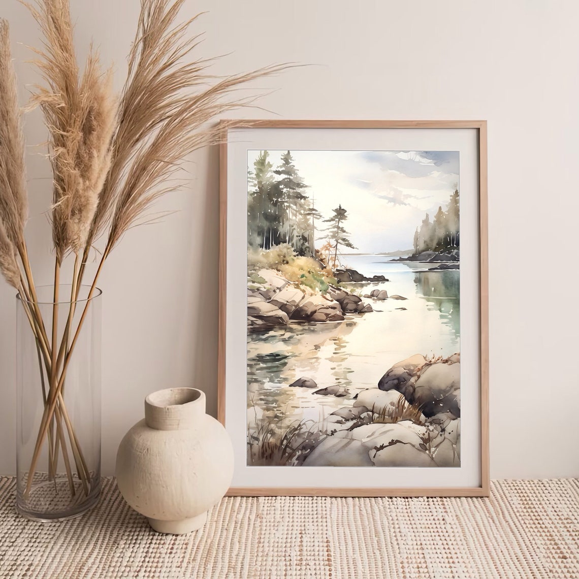 Tranquil Rocky Shoreline Pines Calm Water Watercolor Scenery Poster - Image 5