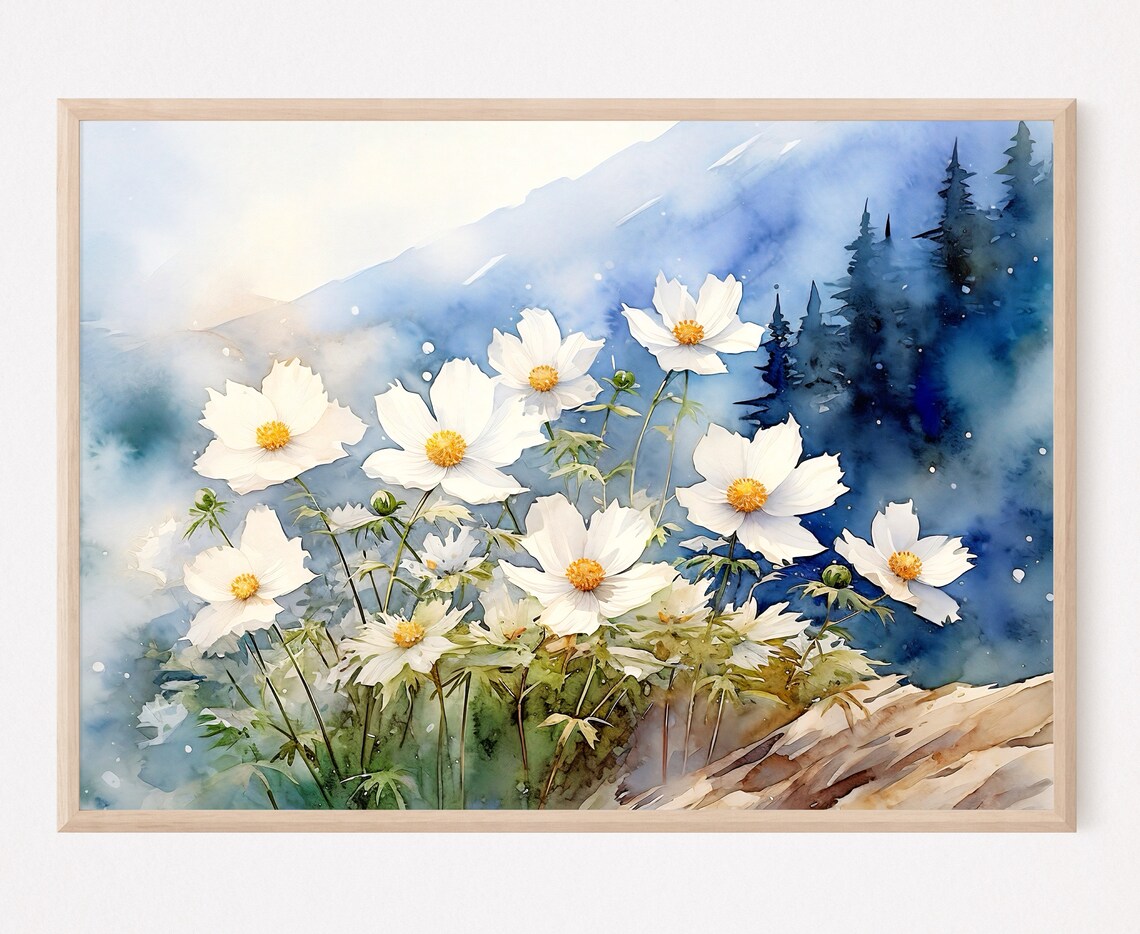 White Wildflowers Blue Mountain Meadow Watercolor Floral Poster