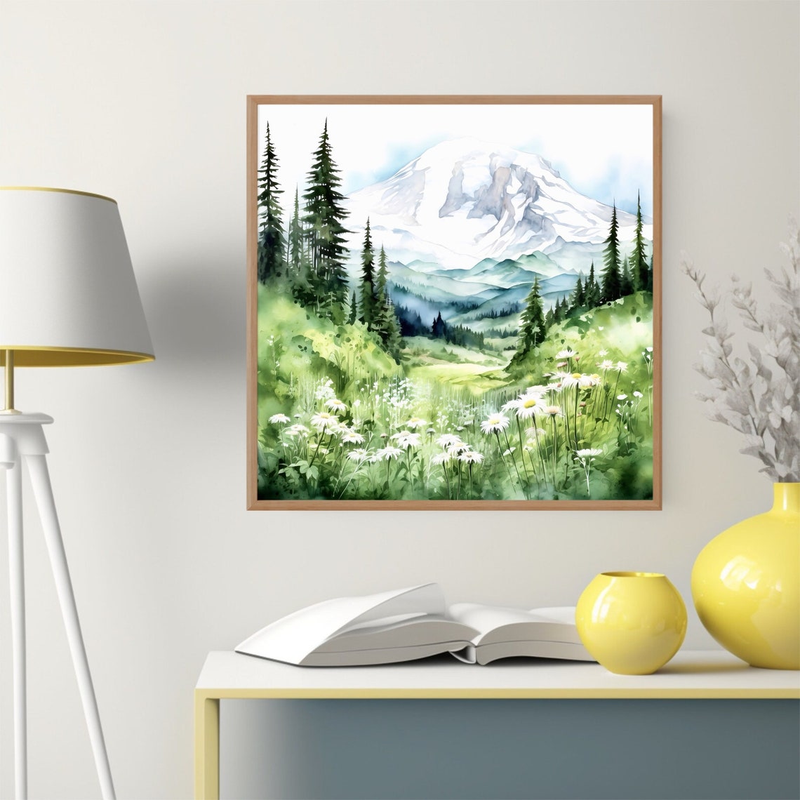Mount Rainier Snowy Peak Daisy Meadow Evergreen Forest Poster - Image 2