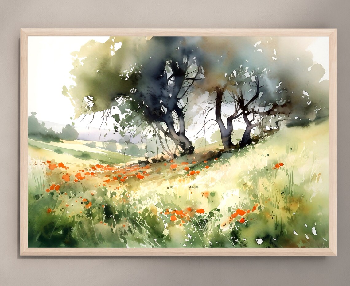 Sunlit Hillside Old Trees Orange Poppy Meadow Watercolor Poster - Image 3