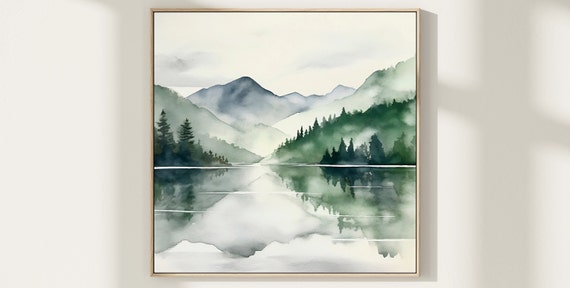 Redfish Lake Watercolor Square Minimalist Art Print Pine Tree Poster Teal Forest Painting Modern Wall Decor Blue Green Forest Print