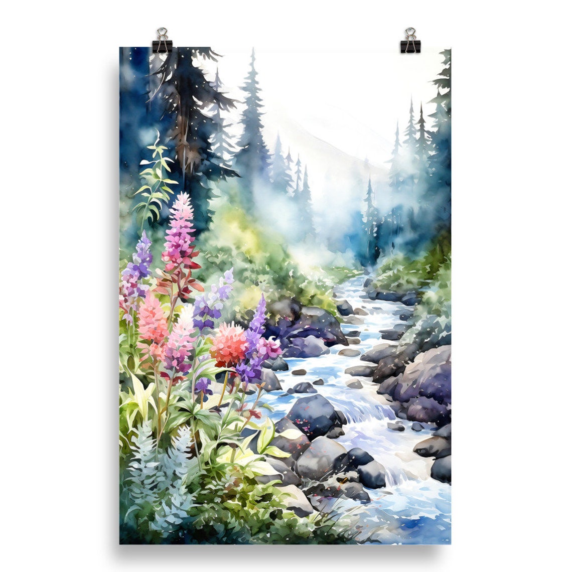 Mountain Stream Wildflowers Pine Forest Watercolor Nature Art Print - Image 5