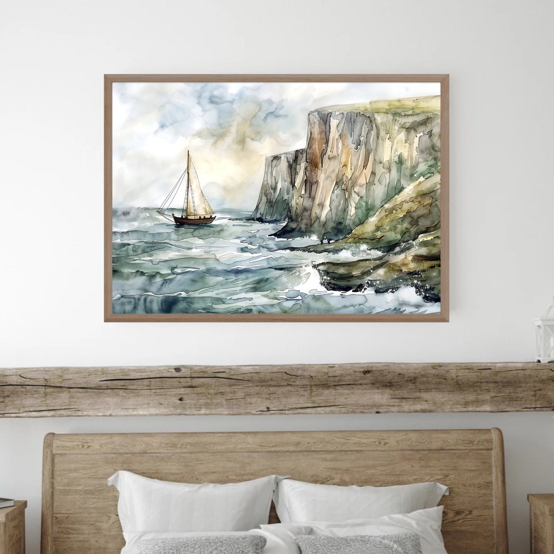 Sailboat By Tall Sea Cliffs Gray Waves Watercolor Nautical Poster - Image 5