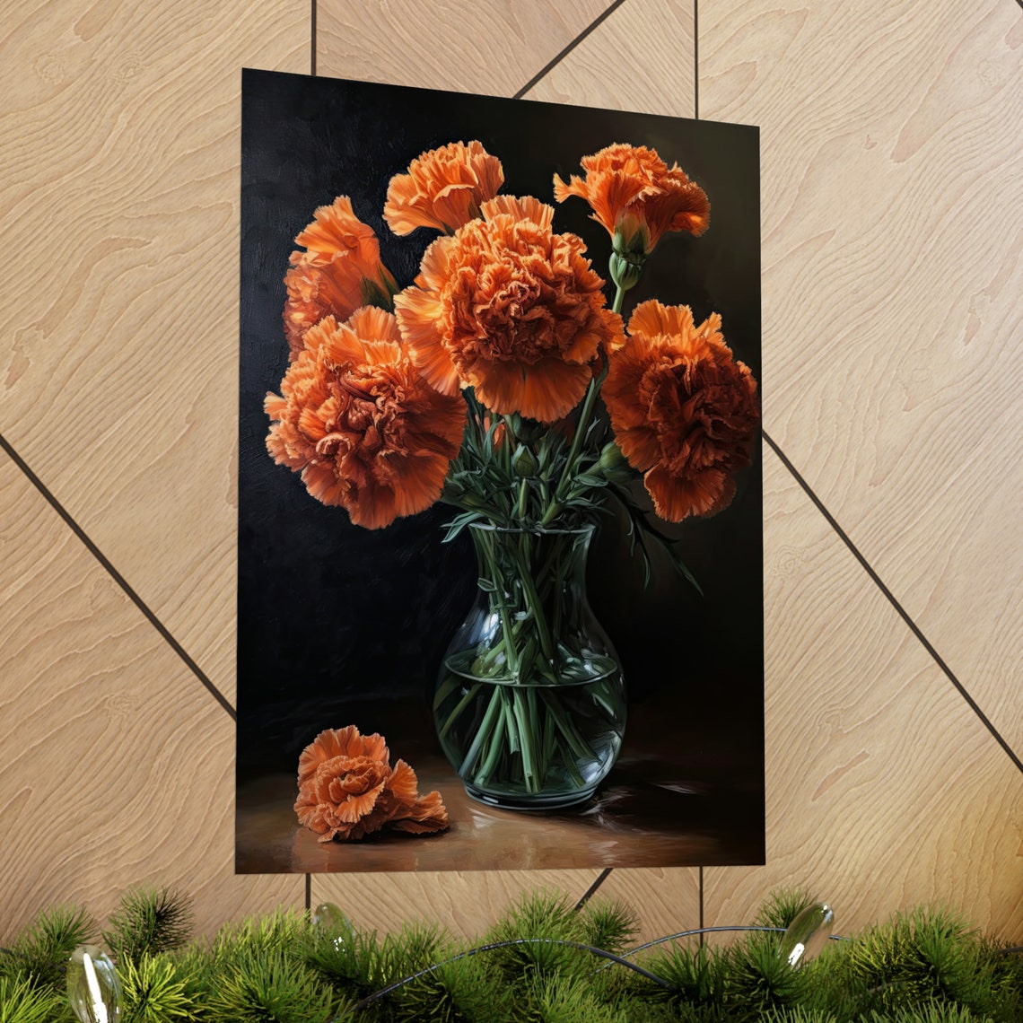 Orange Carnation Bouquet Clear Glass Vase Bold Dark Floral Poster - Image 2