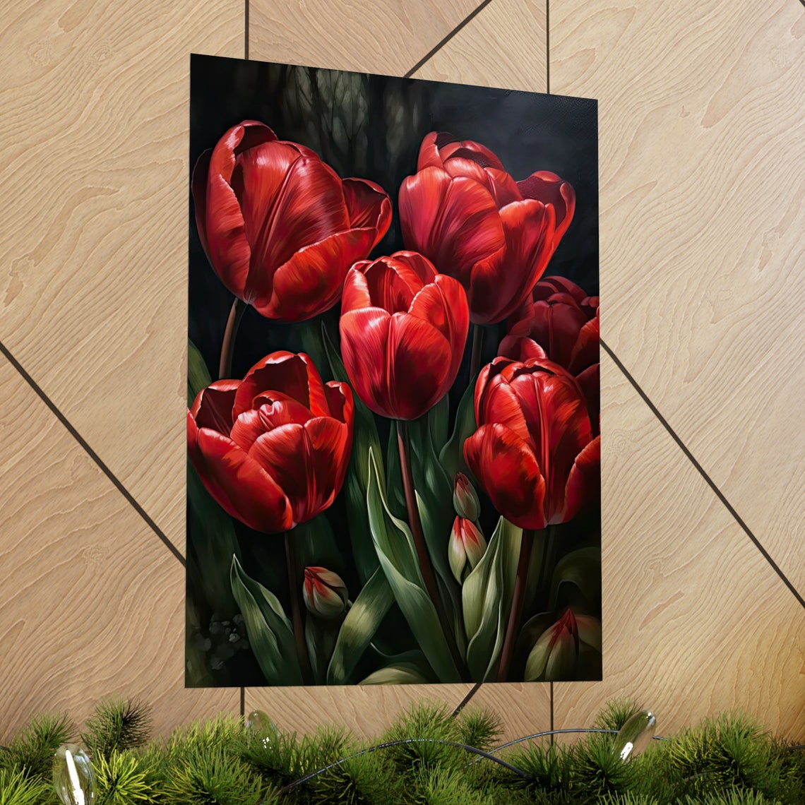 Deep Red Tulips Lush Dark Moody Oil Painting Floral Wall Art - Image 2