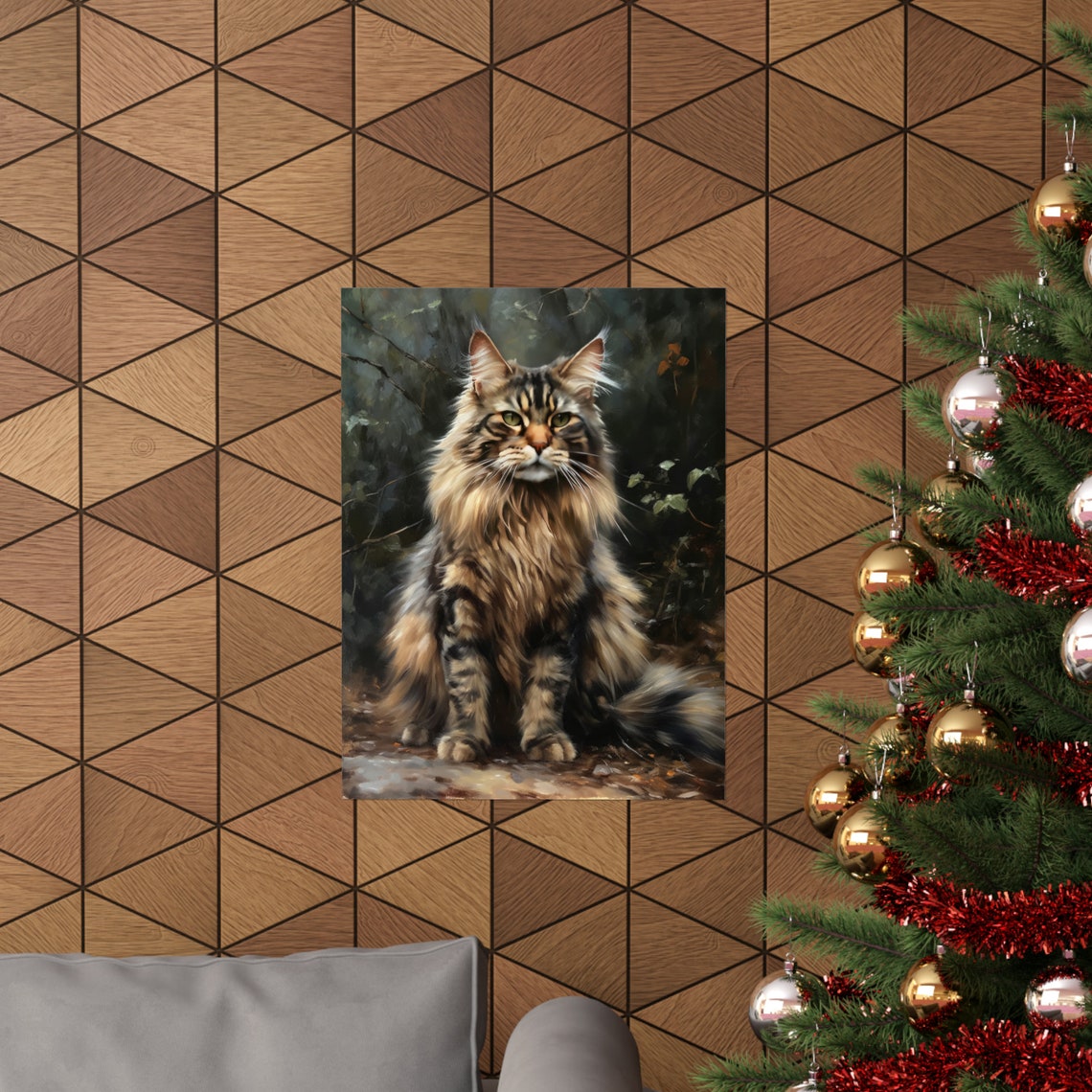Maine Coon Cat Long Haired Tabby Portrait Painting Art Print - Image 3