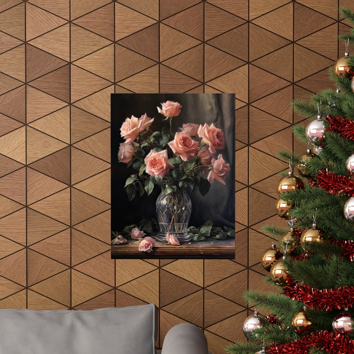 Blush Pink Roses Elegant Blooms Cut Glass Vase Still Life Art Poster - Image 3