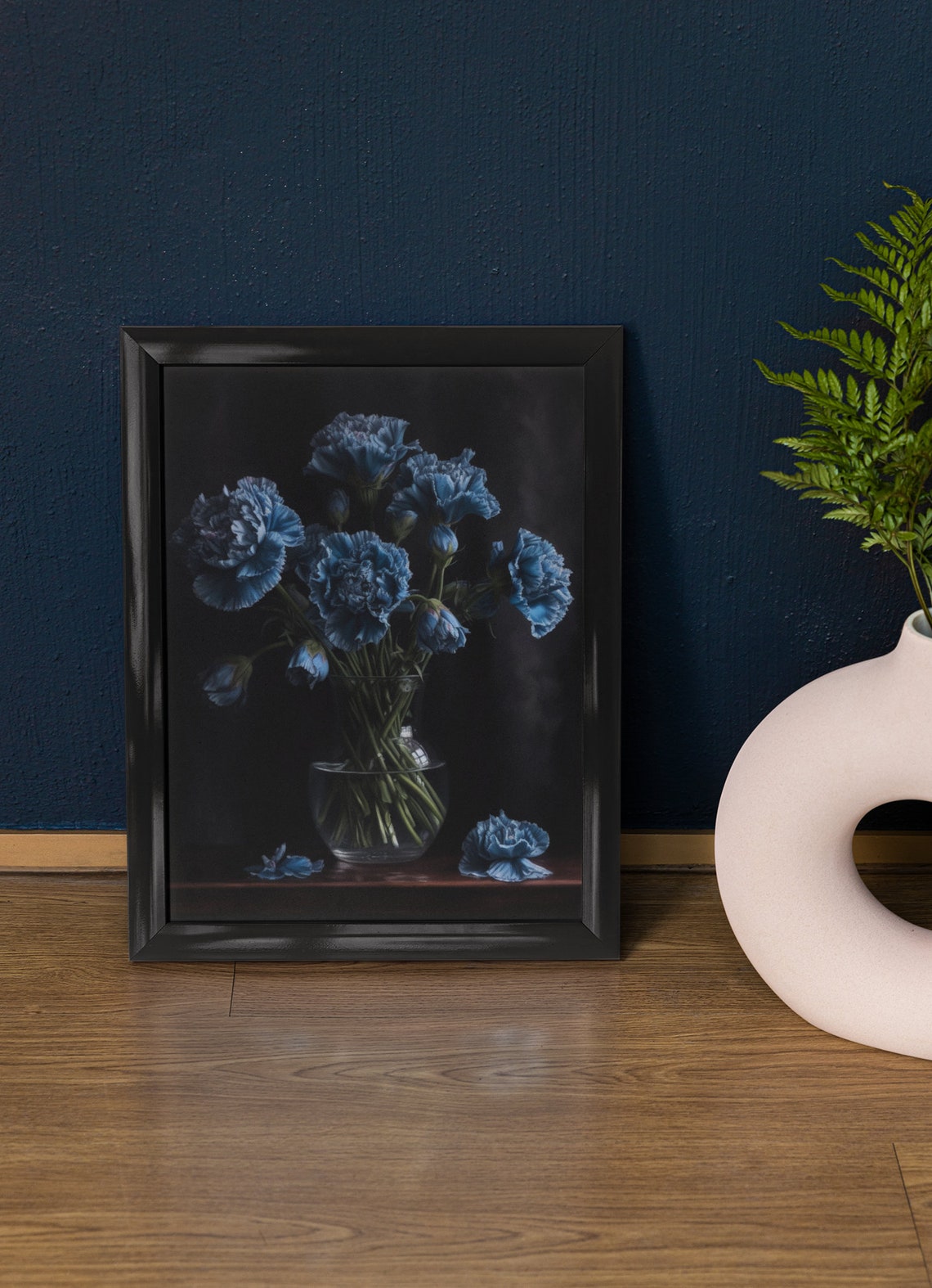 Blue Carnations Round Glass Bowl Soft Misty Dark Floral Art Poster