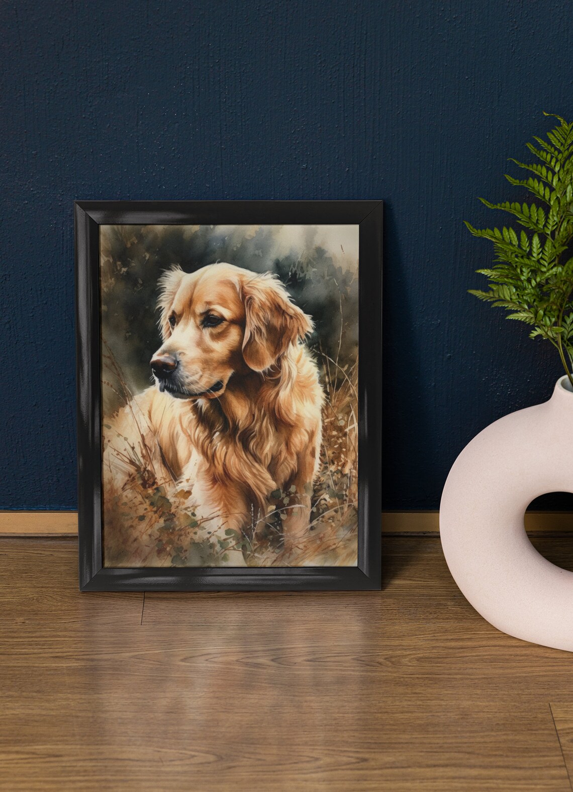 Golden Retriever Autumn Grass Portrait Watercolor Dog Art Poster