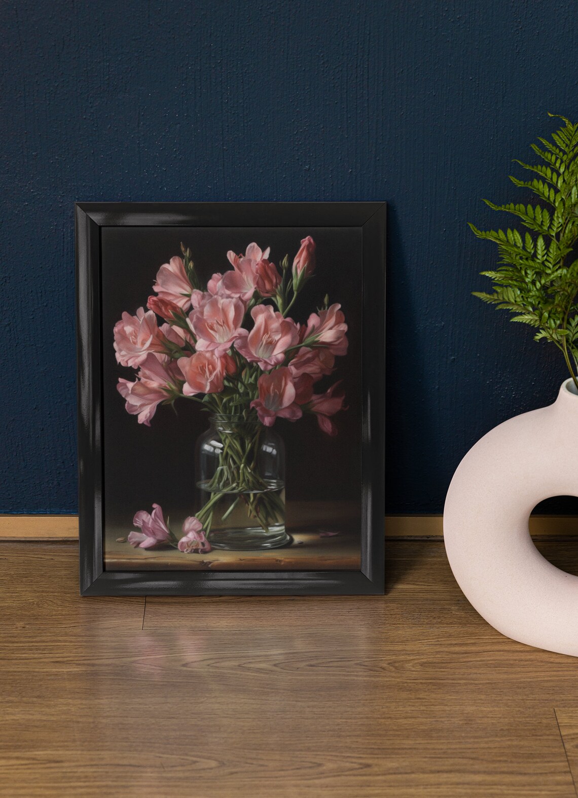 Pink Freesia Flowers Dark Still Life Bouquet Glass Vase Art Print