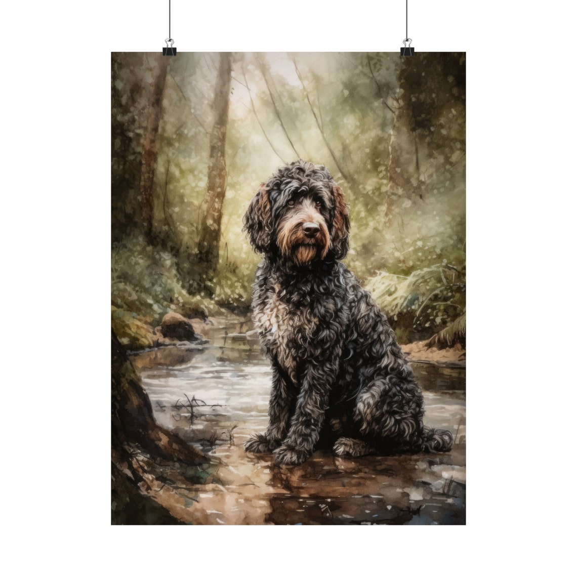 Spanish Water Dog Watercolor Portrait Sitting By A Forest Stream Print - Image 5