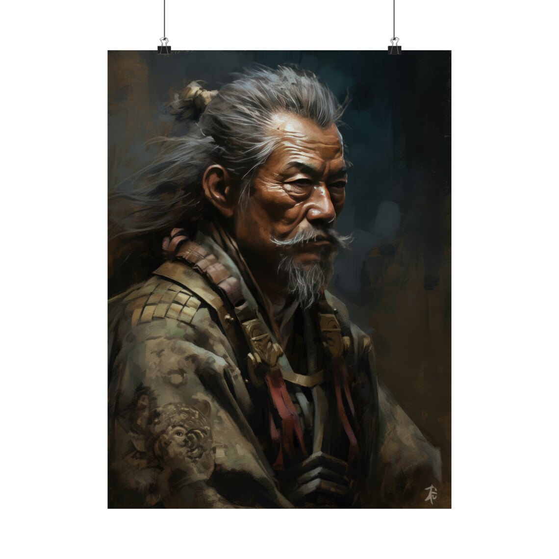 Elderly Ronin Warrior with Grey Topknot Dark Oil Painting Art Print - Image 5