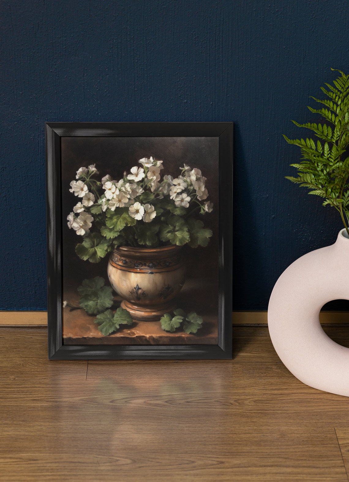 White Geranium Blooms Painted Ceramic Pot Dark Still Life Art Poster