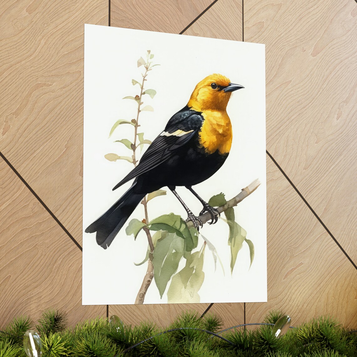 Yellow Headed Blackbird Perched Branch Watercolor Bird Art Print - Image 2