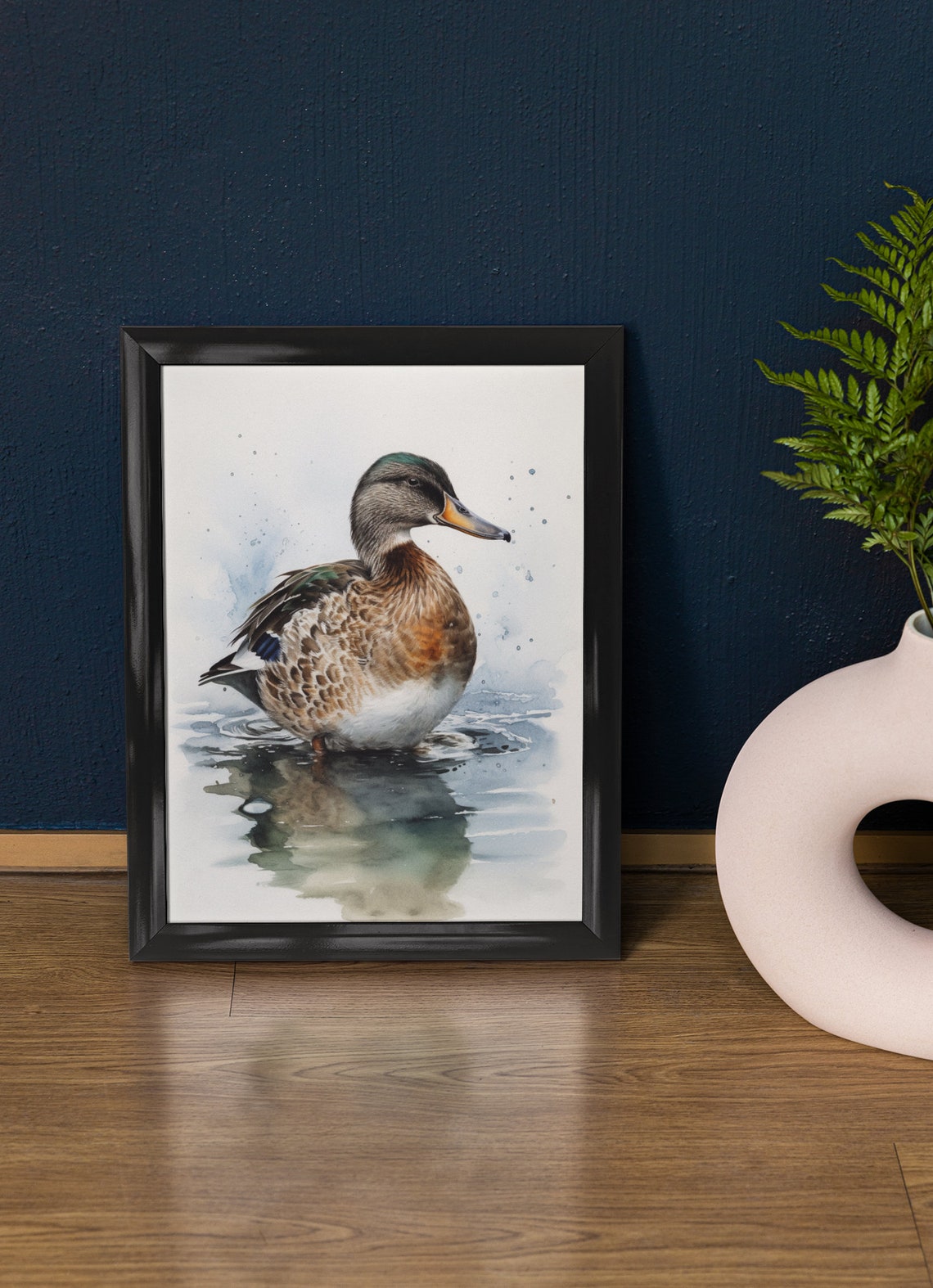 Mallard Duck Watercolor Swimming Pond Reflection Bird Fine Art Poster