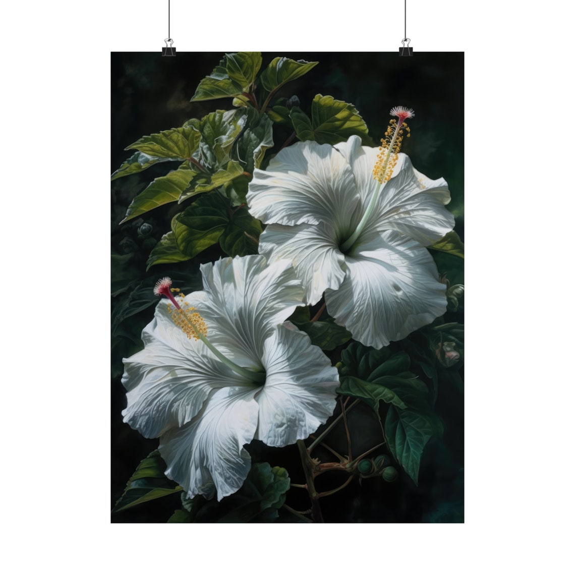 White Hibiscus Blooms Dark Tropical Botanical Fine Art Poster - Image 5