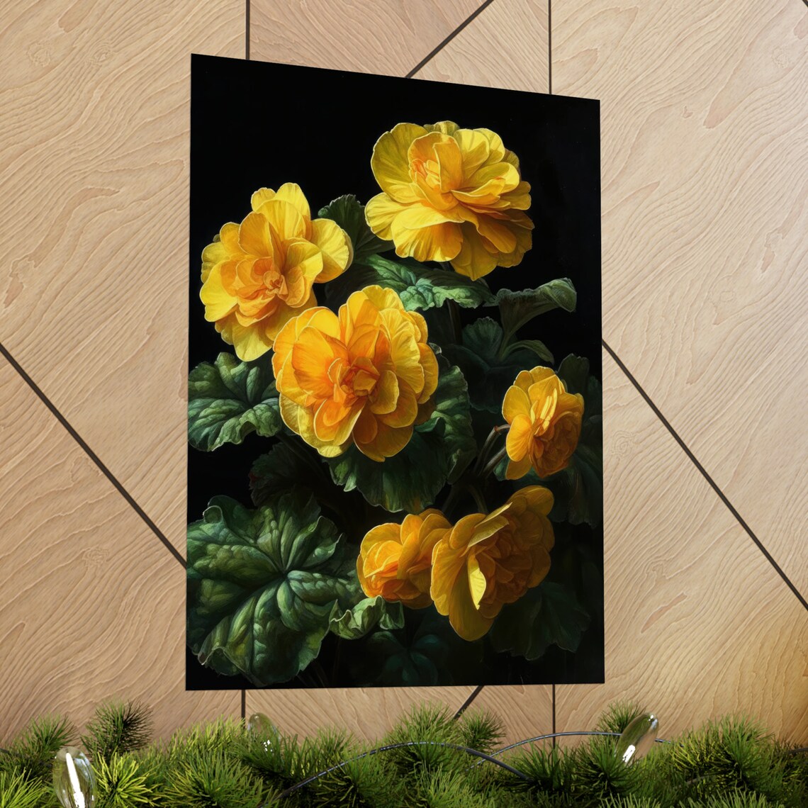 Golden Yellow Begonia Clusters Glossy Leaves Rich Dark Floral Poster - Image 2